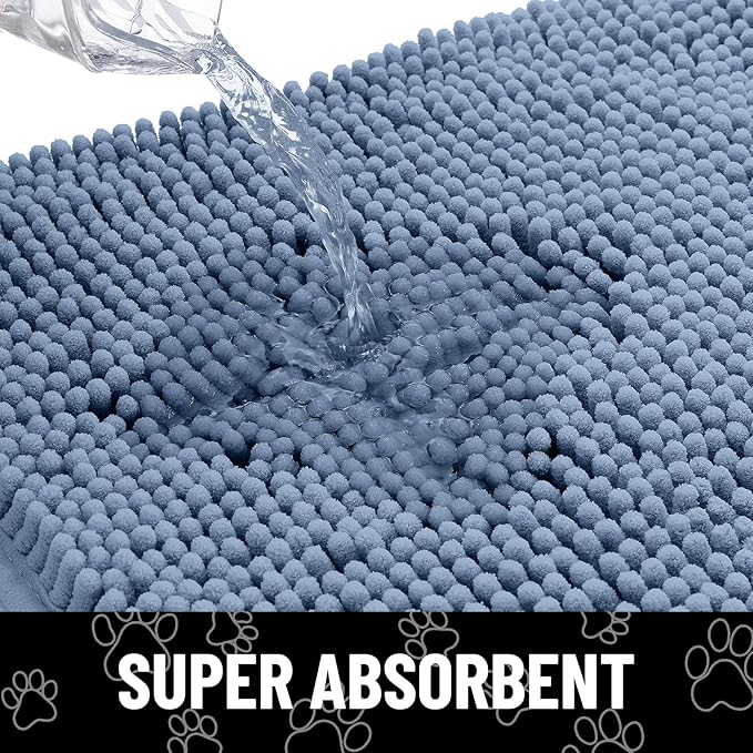 Smiry Dog Door Mat for Muddy Paws, Absorbent Dirt Trapper Non Slip Quick Dry Washable Chenille Mat for Mud Dogs, Entry Rug for Indoor and Outdoor (40x32 Inches, Airy Blue and Black)