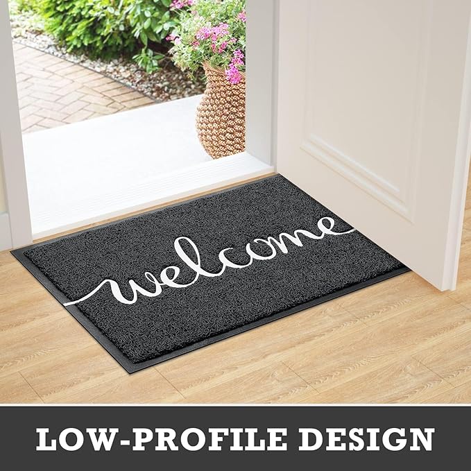 Black Door Mat Welcome Mats Outdoor Indoor Non-Slip Doormat for Entryway Low-Profile Floor Mat for Yard, Garage, High Traffic Areas (30"x17.5", Black)
