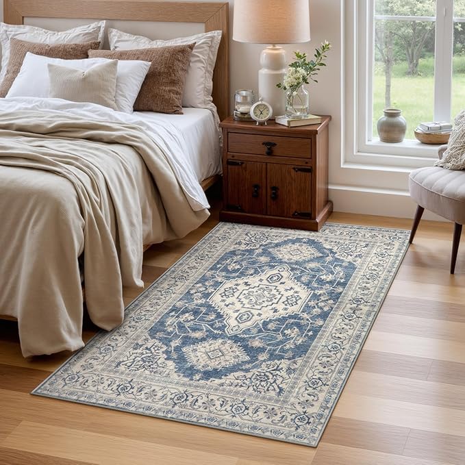 Lahome Oriental Area Rug, 3x5 Washable Rugs for Living Room Non Slip Entry Mat, Vintage Soft Pet Friendly Throw Carpet for Entryway Bedroom Dinning Room Eleanor, Blue