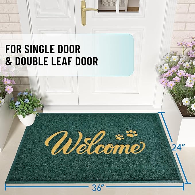 T.HENV Welcome Mat Outdoor, 2' x 3' (Rectangular), Green-Gold, Waterproof, Quick Drying, Low Profile, Heavy Duty, Non Slip, Fade Resistant, Custom Design, Front Door, Outdoor, Entryway, Patio, Porch