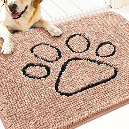 OLANLY Dog Door Mat for Muddy Paws 30x20, Paw Print Design, Absorbs Moisture and Dirt, Absorbent Non-Slip Washable Doormat, Quick Dry Chenille Mud Mat for Dogs, Entry Indoor Entryway Carpet, Peach