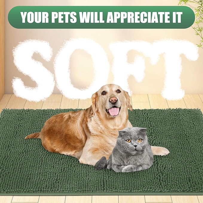 IM HOME Chenille Absorbent Outdoor Doormat 30" x 20", Washable Muddy Door Mats for Dog Non Slip Indoor Doormat Dog Mat for Muddy Paw Front Inside Doormats for Entryway Olive
