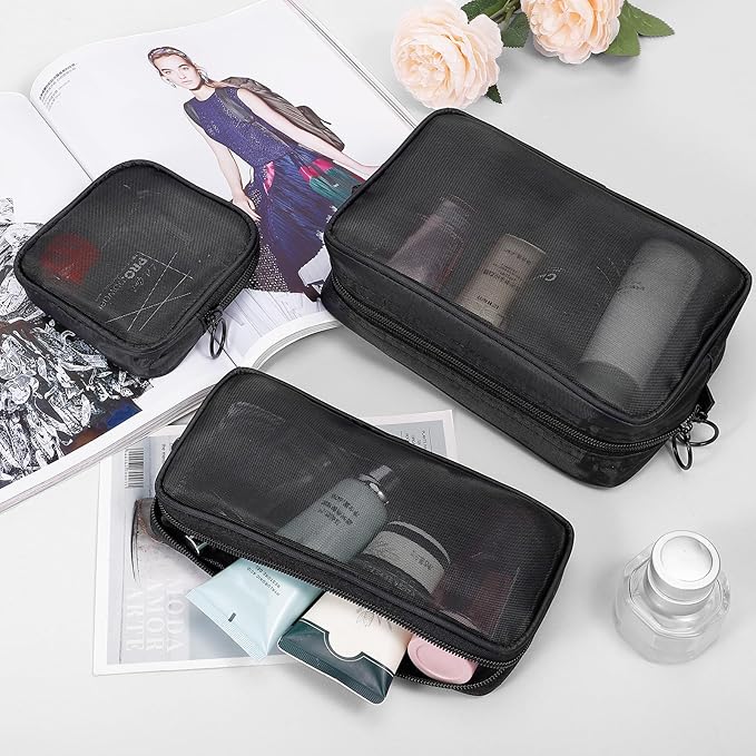 5 Pieces Mini Zipper Nylon Mesh Pouch, Mesh Cosmetic Bags Makeup Bags, Multipurpose Travel Toiletry Bags for Office Supplies and Travel Accessories (Grey, Assorted Sizes)