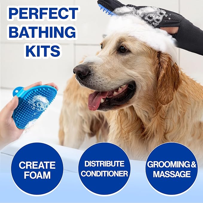Pet Grooming Set with Dog Washing Gloves for Bathing, Dog Bath Brush and Silicone Dog Toothbrush, Pet Grooming Gloves for Dogs, Cats and Horses with 185 Silicone Tips