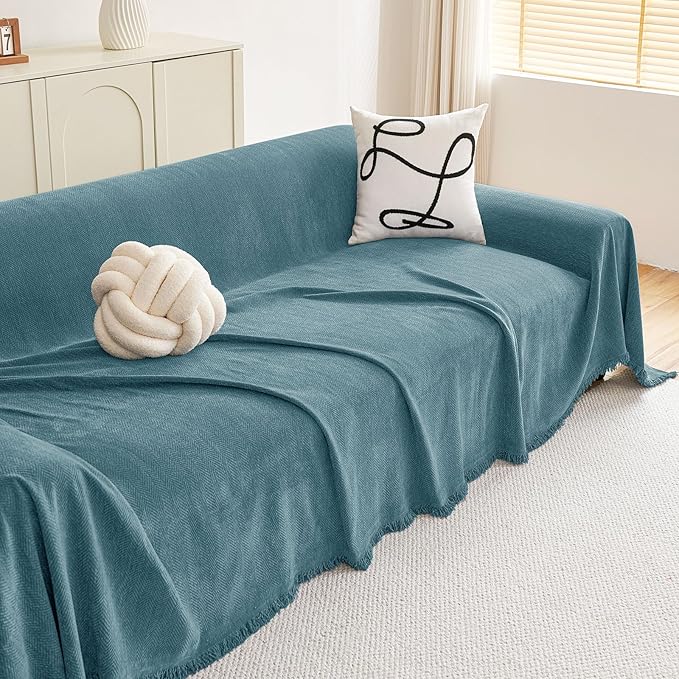 hyha Couch Cover for Dogs, Boho Sofa Covers for 3 Cushion Couch Washable, Chenille Sofa Slipcover for Pets, Soft Loveseat Sectional Couch Throw Blankets with Tassels (Blue, 88.5x150 Inch)