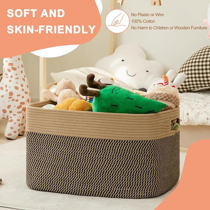 SIXDOVE 75L Large Blanket Basket, Toy Basket Bin for Kids, Cotton Rope Woven Storage Basket for Living Room, Bedroom, Nursery, Baby Room Decorative Organizer, 22''×17''×12'', Brown & Black