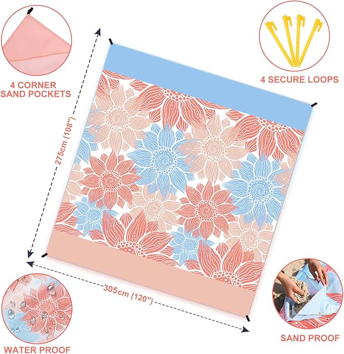 Beach Blanket Waterproof Sandproof Extra Large Beach Mat 79" X 83"/120"x108"for 1-8 Adults Quick Drying Durable Outdoor Picnic Mat for Beach Travel Camping Hiking