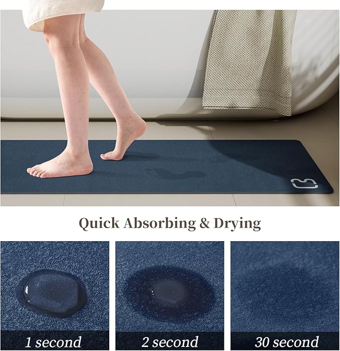 Bath Mat Rugs Quick Dry Super Absorbent Diatomaceous Earth Bath Mat Non Slip Rubber Bottom Thin Bathroom Mat Fit Under Door, Floor Rugs in Front of Bathtub,Shower Room,Sink, 17 x 32, Navy