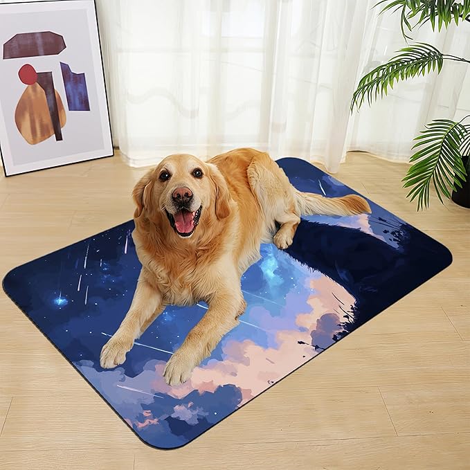 Starry Night Cat Dog Food Mat–Christmas Stocking Absorbent Quick Dry Feeding Placemat for Food and Water Bowls, Non Slip Rubber Backing, Waterproof Pet Supplies for Mess-Free Eating 12"x20"