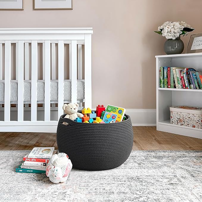 Goodpick Large Toy Storage for Kids, Black Baby Basket for Baby Shower, Decorative Woven Rope Basket for Nursery Living Room, 15.7"D x 10.5"H