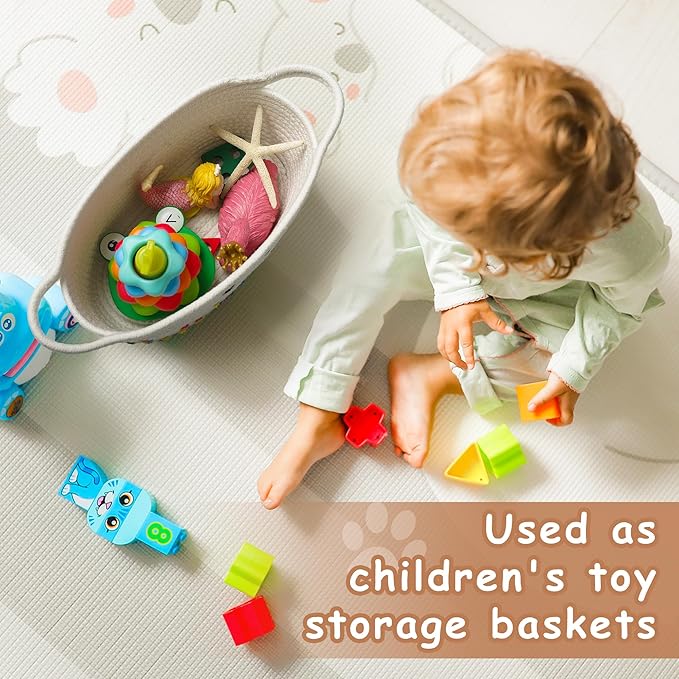Small Woven Baskets for Organizing Rope with Handle Cute Cotton Basket for Nursery Gift Dog Cat Toy Storage Basket for Toy Organizer-White
