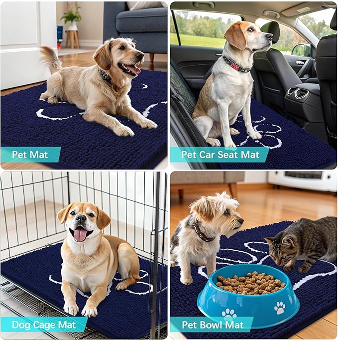 OLANLY Dog Door Mat for Muddy Paws 24x16, Paw Print Design, Absorbs Moisture and Dirt, Absorbent Non-Slip Washable Doormat, Quick Dry Chenille Mud Mat for Dogs, Entry Indoor Entryway Carpet, Navy Blue