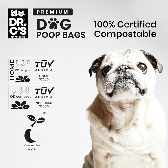 100% Certified Compostable Dog Poop Bags - Dr. C's Premium Dog Poop Bags - 120 Bags / 8 Rolls, Extra thick, Leak Proof, Unscented, Plant Based, Earth Friendly and USA Owned
