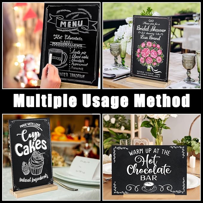3 Packs 8 x 12 Inch Tabletop Chalkboard Sign With Wood Base - Double-Sided Message Boards Menu Stand for Kitchen, Wedding, Bar and Restaurant