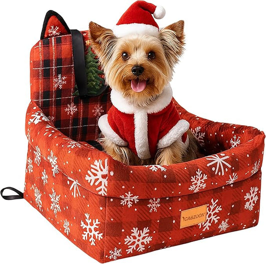 CABZOON Christmas Dog Car Seat for Small/Medium Dogs Up to 35lbs,Elevated Cushion Fits in Front/Back Seat,Travel Safety Per Car Bed with Washable Removable Cover, Storage 2 Pockets Christmas Tree