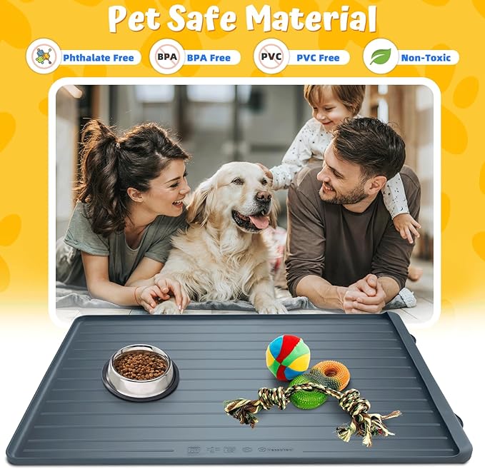 Dog Feeding Mat - 39''x27'' Large Silicone Pet Food Mats with Residue Collection Pocket and High Edges, Floors Waterproof Dog Cat Bowl Mat Prevent Water Food Spills, Dark Grey
