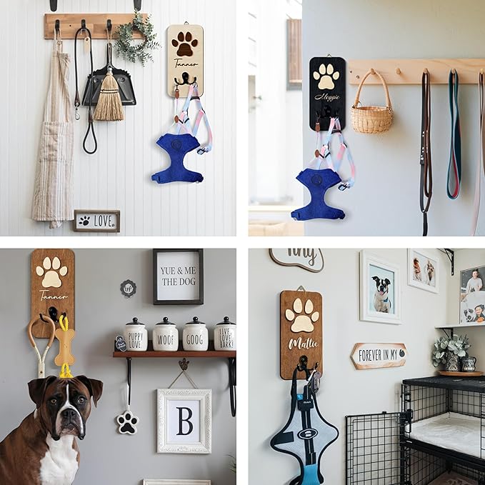 VINARTSVN Personalized Dog Leash Holder Wall Mount, Pet Harness Hanger, Dog Collar Organizer for Entryway, Key Rack for Wall Decorative, Memorial Cat Leash Holder for Wall, Pet Loss Gifts, Home Decor