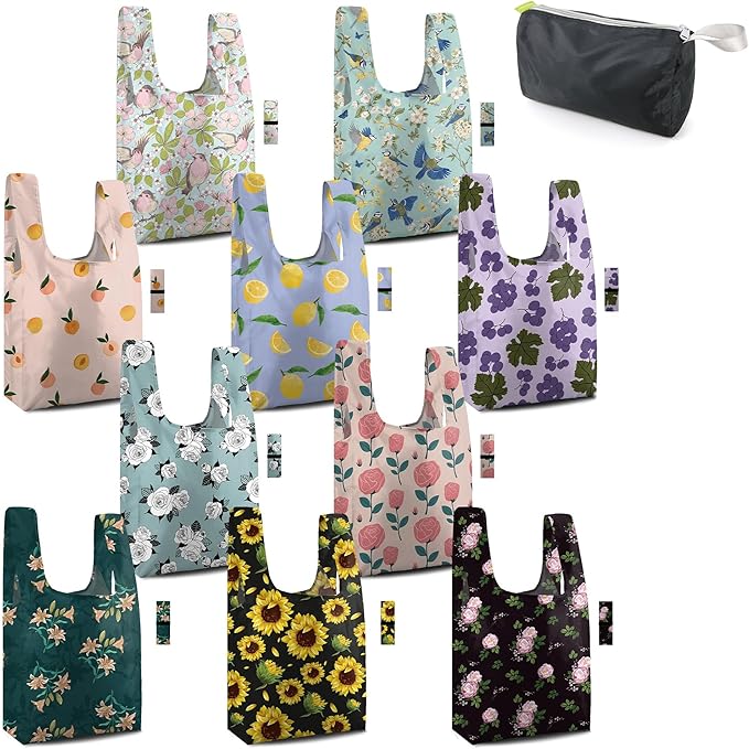 BeeGreen Flower Reusable Grocery Bags Bulk Gifts 10-Pack - Large Tote with Zipper Pouch | Foldable & Washable Polyester Shopping Bags Heavy Duty Flower Lover Gifts Reusable Bag With Handles