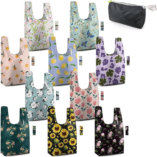BeeGreen Flower Reusable Grocery Bags Bulk Gifts 10-Pack - Large Tote with Zipper Pouch | Foldable & Washable Polyester Shopping Bags Heavy Duty Flower Lover Gifts Reusable Bag With Handles