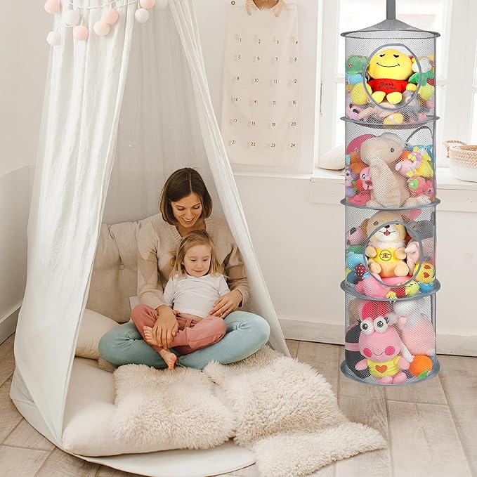 coastal rose 2Pcs Stuffed Animal Storage Foldable Stuffed Animal Net or Hammock Organizer, 4 Compartments Hanging Mesh Toy Storage Hammock for Kid Room Toys, Gloves, Hats, Socks（Grey）
