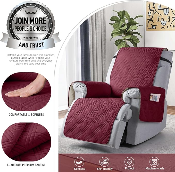 TAOCOCO Waterproof Recliner Chair Covers 30 Inch Wide, Oversized Recliner Covers for Recliner Chair with Pocket, Recliner Slipcovers with Straps Furniture Protector for Kids Pets (30'', Wine)