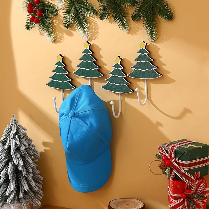 Weysat Christmas Stocking Holder Set of 4 Christmas Stocking Hooks Tree Wall Hooks for Towel White Key Holder Bathroom Decor Rustic Decorative for Living Room Bathroom