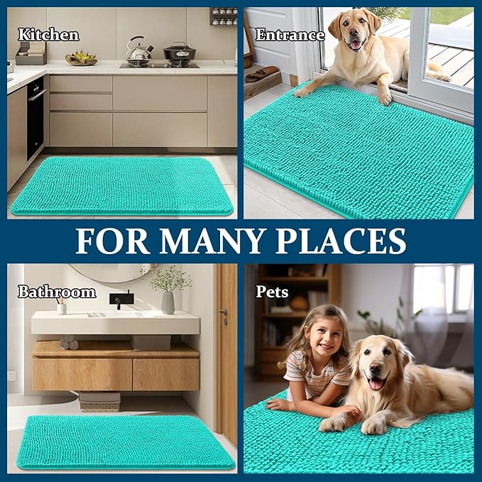 OLANLY Dog Door Mat for Muddy Paws 32x20, Absorbs Moisture and Dirt, Absorbent Non-Slip Washable Doormat, Quick Dry Chenille Mud Mat for Dogs, Entry Indoor Entryway Carpet for Inside Floor, Teal