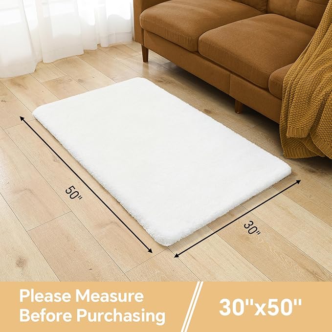 White Bathroom Rugs 30"x50" - Large Bath Mat for Bathroom Floor, Fluffy Microfiber Plush Rug, Non Slip and Washable - Great for Living Room, Bedroom or Kitchen Mat