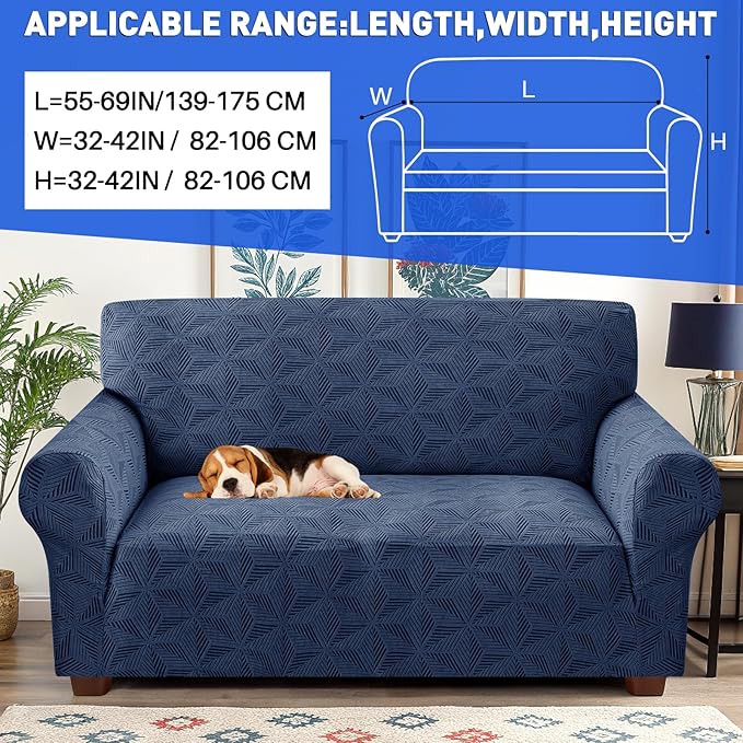 YEMYHOM 1 Piece Stretch Couch Covers for 2 Cushion Couch, Jacquard Loveseat Cover with Non-Slip Elastic Bottom, Thickened Slipcover Furniture Protector for Dogs Pets (Medium, Navy）