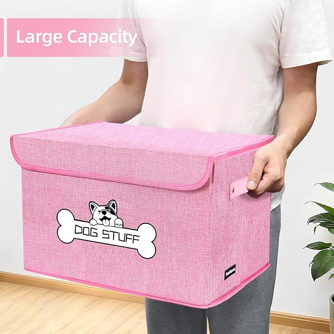 Thankspaw Fabric Dog Toy Box with Lid, Collapsible Storage Bin, Basket Organizer with Handle for Dog Toys, Blankets and Accessories, Pink