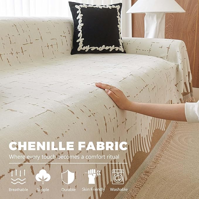 Boho Couch Cover for Dogs - Pet Proof Sofa Covers for 2 Cushion Couch, Non-Slip Chenille Sofa Slipcover, Pet Friendly Furniture Cover Fits Love Seat, 71"x118", Light Brown