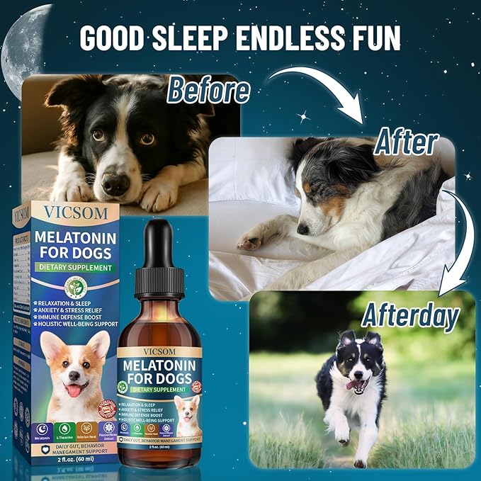 Liquid Melatonin for Dogs, 2 Pack Dog Melatonin for Small Medium Large Dog Sleep Aid, Stress & Anxiety Relief, Calm Aid for Dogs Puppies, Support Relaxation & Deep Sleep, 60ml x2