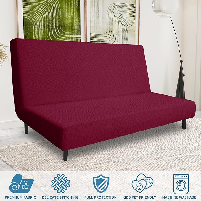 ZNSAYOTX Fashion Futon Cover (67"-82") Stretch Fit Armless Sofa Bed Slipcover, Universal Foldable Sofa Mattress Protector Full Queen Size, Irregular Plaid Texture Jacquard Futon Protector (Wine Red)