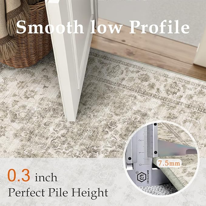 8x10 Washable Neutral Area Rug Taupe Vintage Living Room Bedroom Carpet Non-Slip Soft Low Pile Farmhouse Large Throw Rug for Dining Room Entryway Office