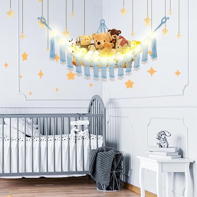 CERETIA Stuffed Animal Hammock with LED Light, Large Stuffed Animals Storage Corner Plushie Net for Kids Room Decor, 2 Packs Baby Blue