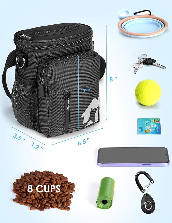Gobeigo 8 Cup Dog Treat Pouch and Training Clicker, Dog Walking Bag with Phone Holder, Built-in Poop Bag Dispenser, 3 Ways Wearable Pet Fanny Pack for Outdoor Travel (Full Black)