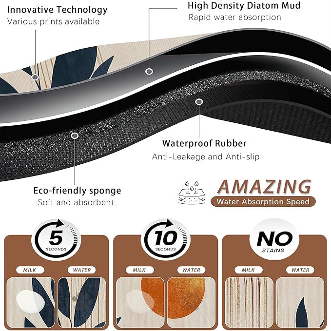 Sun Boho Leaf Dog Cat Food Mat,Absorbent Pet Feeding Mat for Food and Water,Non-Slip Dog Bowl Mats Floor Protector 12"x20"