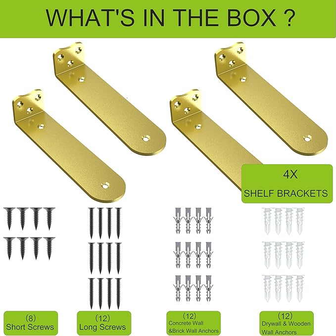 Heavy Duty Shelf Bracket, (1/4 in Thick) 12 Inch Shelf Bracket,Hidden Shelf Brackets,Floating Shelf Brackets 4 Pack,Suitable for Kitchen, Study and DIY Occasions，Holds Over 180lb+(12IN Gold)