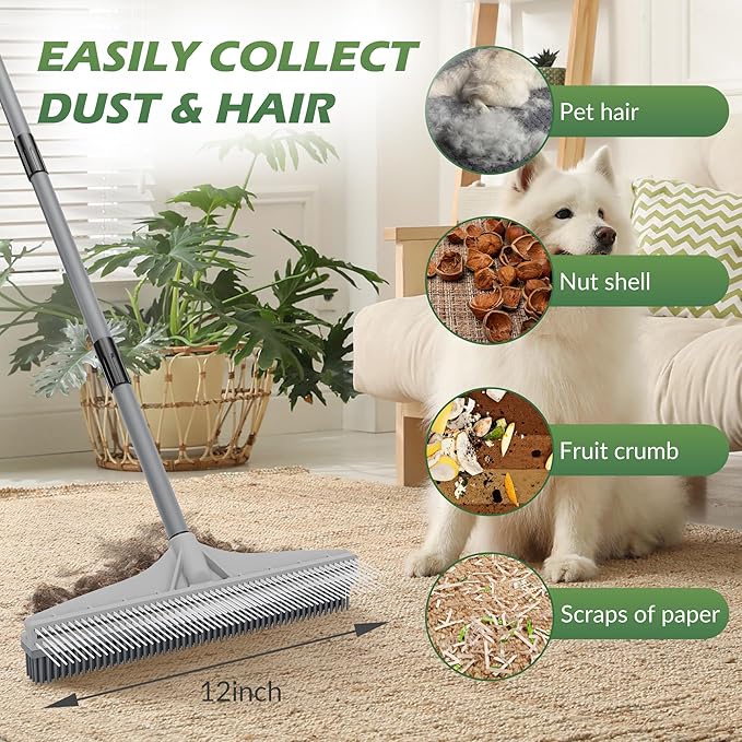 Walensee Rubber Broom, 2 in 1 Rubber Broom and Nylon Carpet Rake Brush for Pet Hair Removal, 61" Adjustable Long Handle, Carpet Hair Cleaning Tool for Fur Rug, Stairs and Mats - Washable, Durable