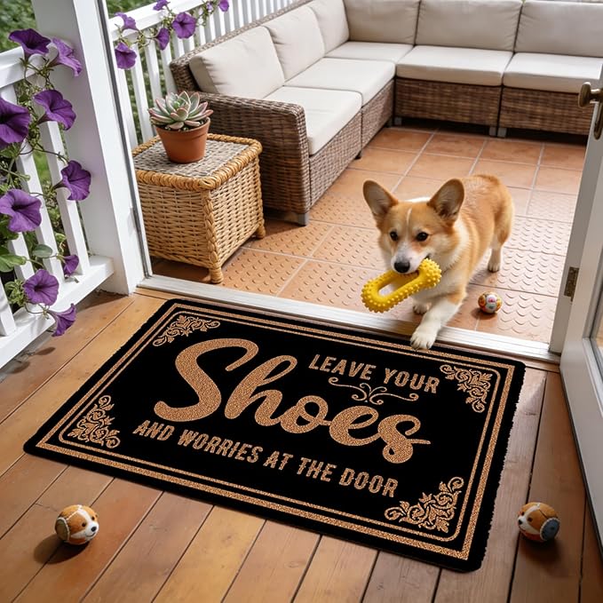 Funny Welcome Doormat Leave Your Shoes and Worries at The Door Mats Outdoor Indoor Doormat for Porch Front Door Entryway 30"(W) X 17"(L)