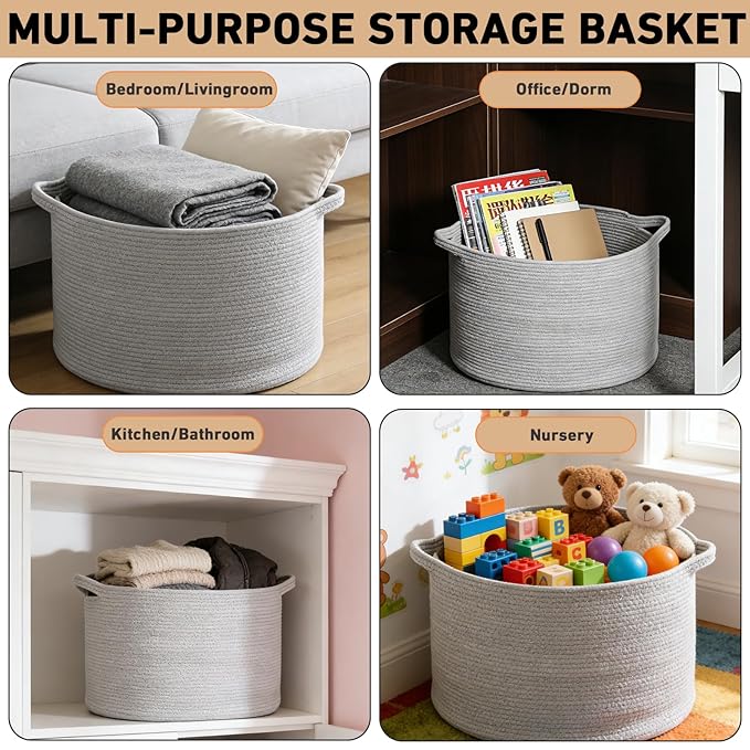 115L Large Blanket Basket,23.6" L x 23.6" W x 15.7" H Rope Woven Baskets with Handles, Toys Storage Bins,Laundry Basket Perfect for Living Room, Nursery,Bedroom,Home Organization,Light Gry