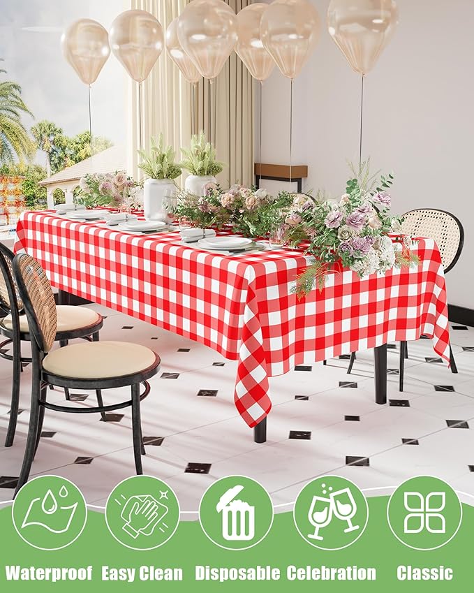 Smiry 12 Packs Gingham Disposable Table Cloth, 54 x 108 Inch Waterproof Plastic Tablecloth, Rectangle Red and White Checkered Table Covers for Picnic, Picnic, Birthday, Party