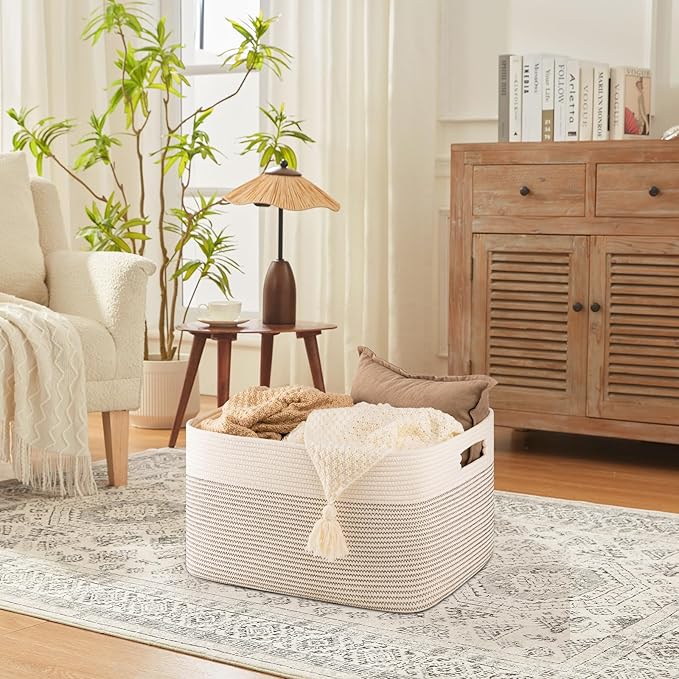 SIXDOVE 75L Large Blanket Basket, Cotton Rope Woven Storage Basket for Living Room, Toy Bin for Kids, Bedroom, Nursery, Baby Room Decorative Organizer, 22''×17''×12'', Black & White