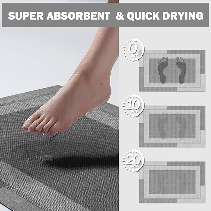 Non Slip Bath Mat, Rubber Backing Ultra Thin Bathroom Rugs Fit Under Door Quick Dry Super Absorbent Washable Bath Rug Shower Mat for Bathroom Floor Bathtub Shower Sink, Easy Care Gray 24"x 35"