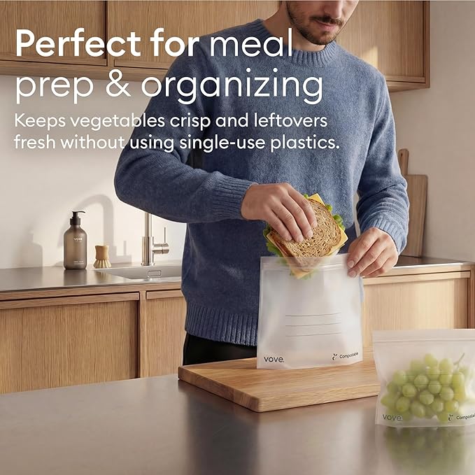 Vove Compostable Quart Bags, Large 30 Count – Freezer Safe, Leak Resistant, Non Toxic Food Storage for Leftovers & Meal Prep, Plastic-Free Eco Bags
