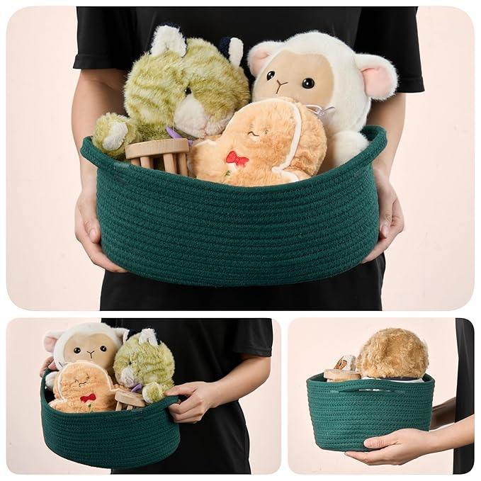 Small Woven Gift Basket Empty with Bag & Ribbon - Gifts for Mom, Baby Shower, Birthdays & Raffle - Cotton Rope Storage Basket for Dog Toys or Shelf - 12"x8"x5", Green