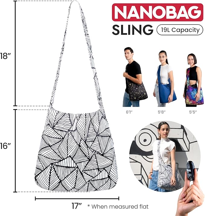 Nanobag Ultra-Lightweight Foldable Sling for Women & Men, Reusable Grocery & Travel Bag, Packable Collapsible Compact Market Crossbody (Sling Sketch)