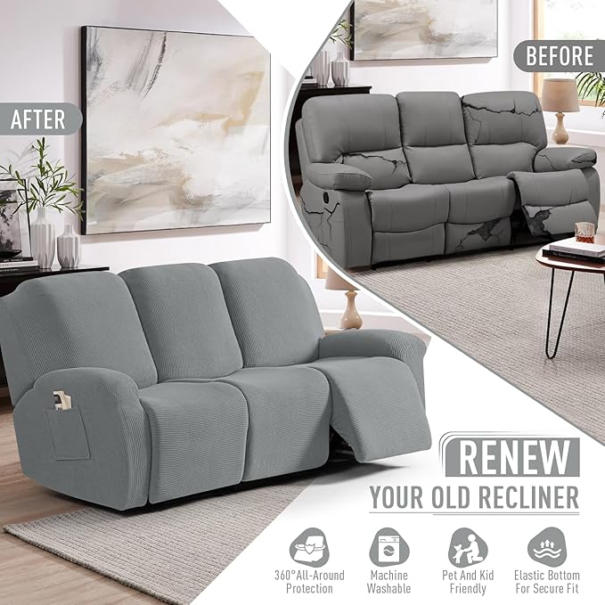 TAOCOCO Recliner Sofa Covers 8-Pieces Stretch Large Couch Covers for 3 Seats Reclining Slipcovers Soft Jacquard Pattern Furniture Protector (Dusty Grey)