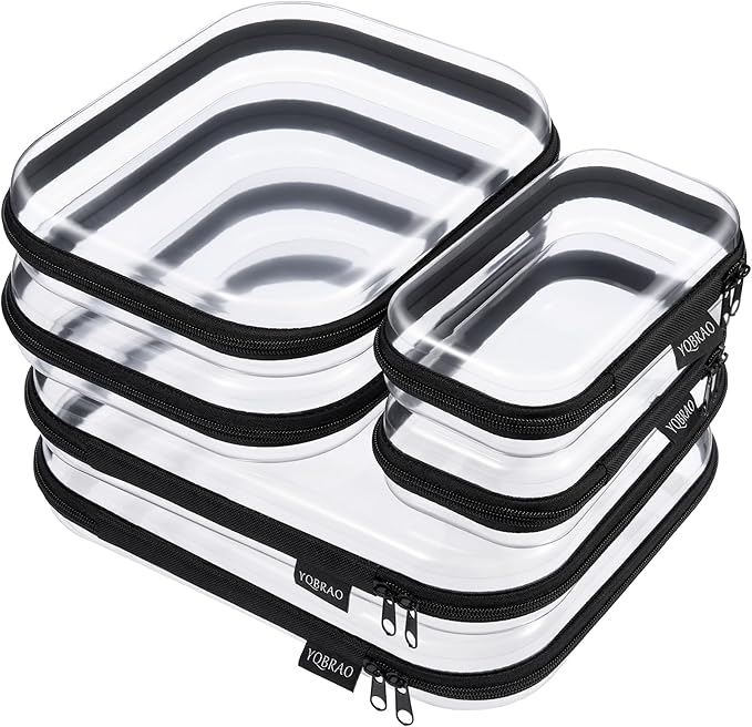 YQBRAO 6 Pack Sleek Black Clear Hard Shell Zipper Case, 1.2mm Heavy Duty Tech & Cosmetic Bags, Crush-Proof Electronic Storage & Makeup Organizer for Travel, Tools & Diaper Bag (2L+2M+2S)