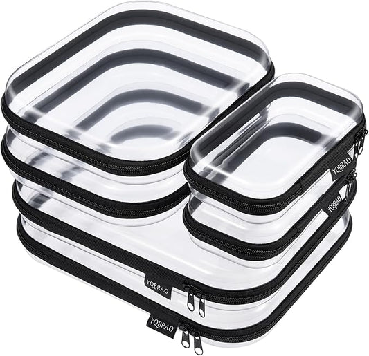 YQBRAO 6 Pack Sleek Black Clear Hard Shell Zipper Case, 1.2mm Heavy Duty Tech & Cosmetic Bags, Crush-Proof Electronic Storage & Makeup Organizer for Travel, Tools & Diaper Bag (2L+2M+2S)